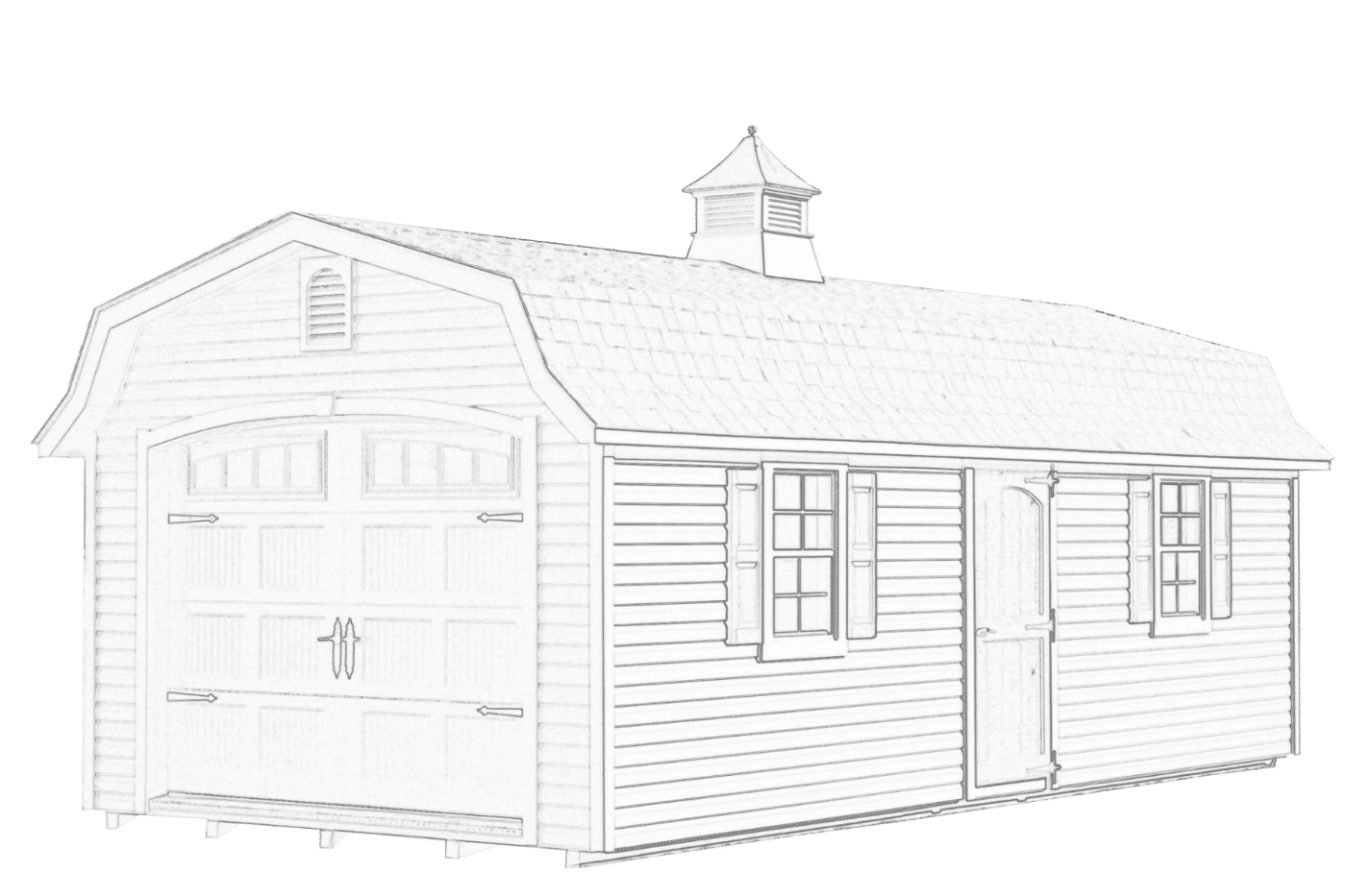 Single-car garage wireframe with gambrel roof design and cupola  