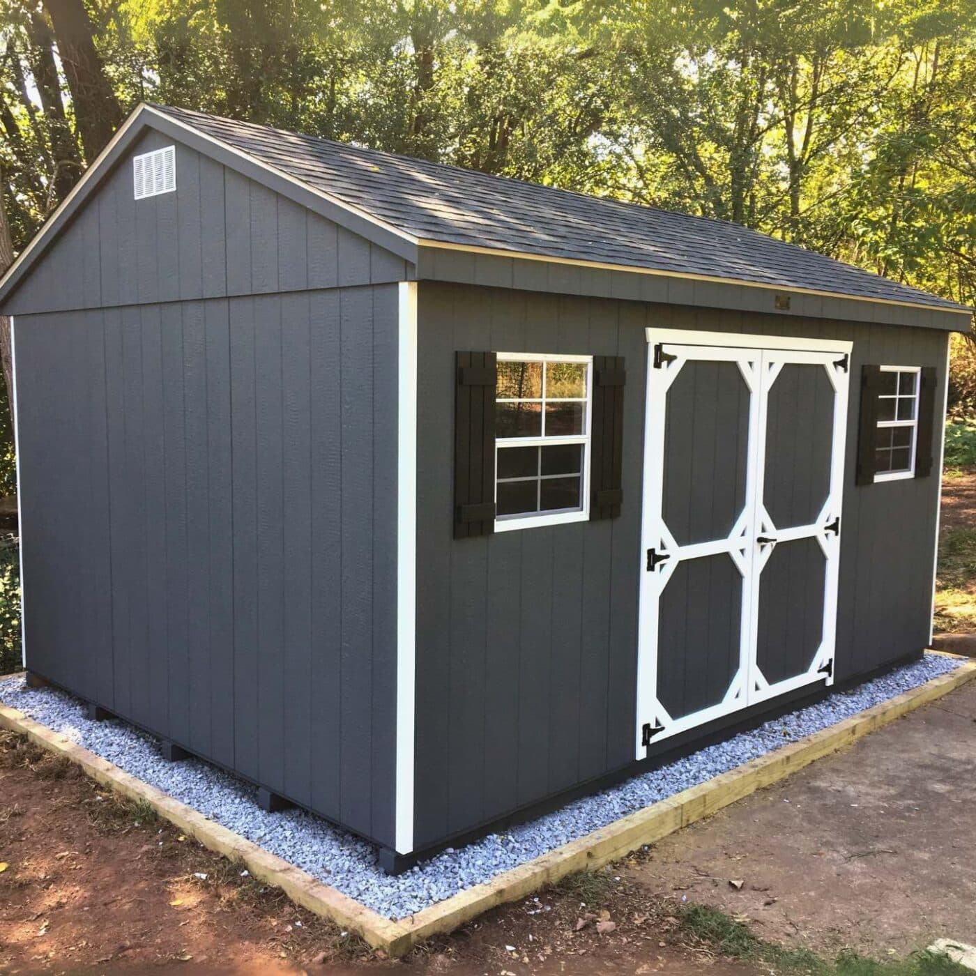 The Standard Workshop Shed 6 Standard Workshop Sizes with gray shed with white trim and windows