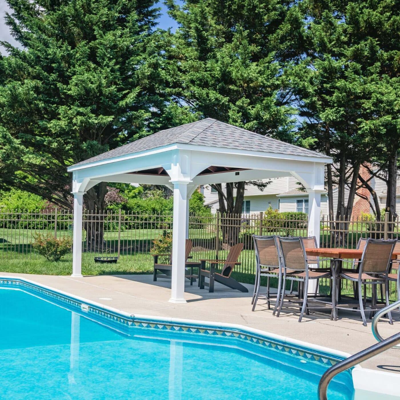 The Shoreline Pavilion 2 The Shoreline Vinyl Pavilions poolside with seating underneath