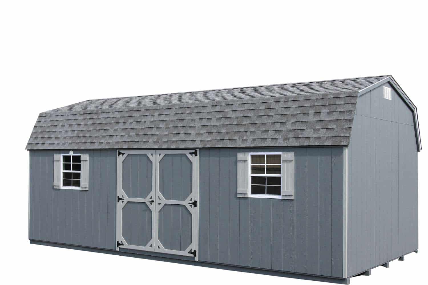 The Standard High Barn Shed 50 Blue/grey wood high barn shed with light gray and white trim and asphalt shingles