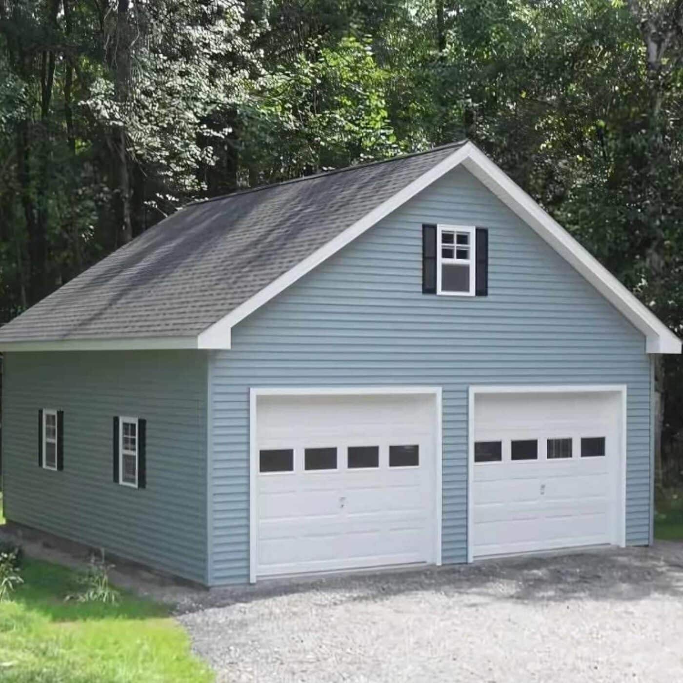 The A-Frame Attic Garage 3 Blue A-Frame Garage with white garage doors