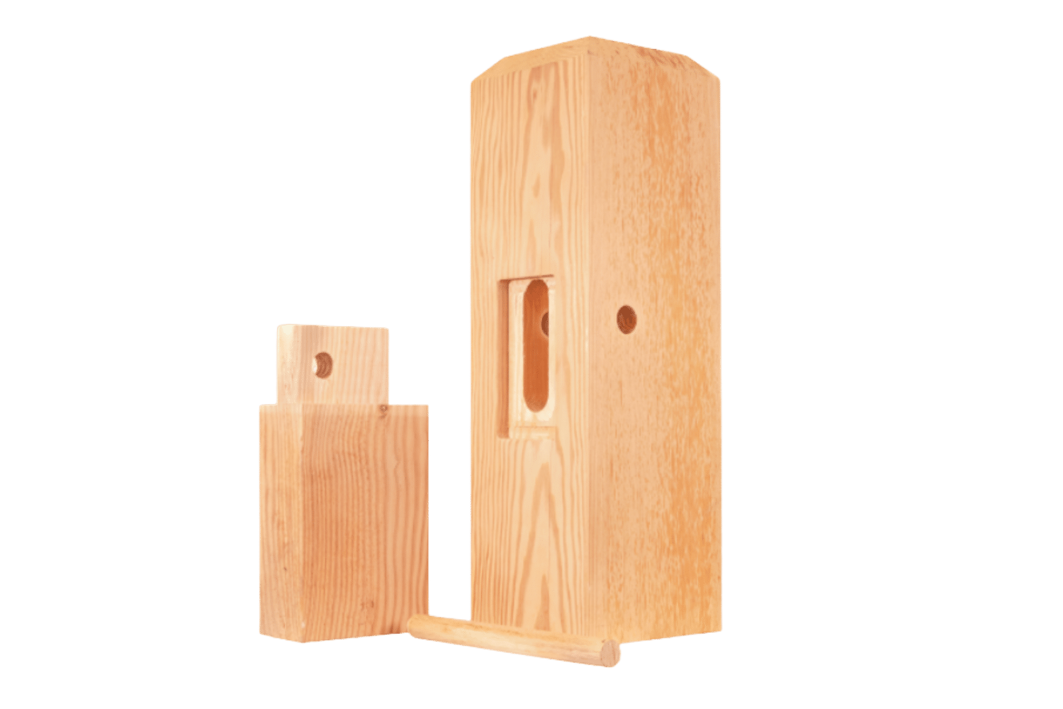 Mortise and Tenon pieces. Smaller tenon piece, wooden peg, and large morise piece