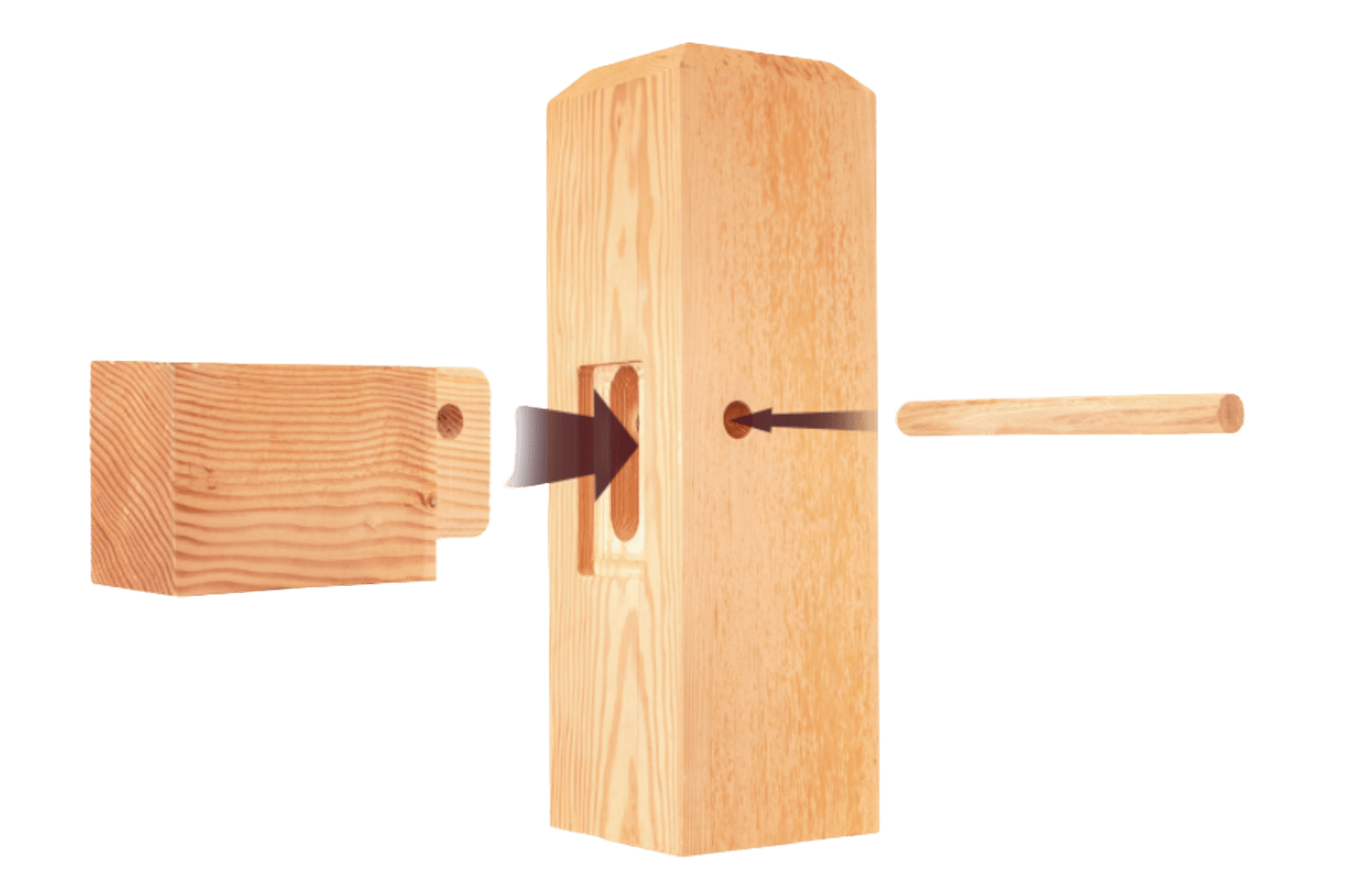 Tenon and wooden peg going into appropriate mortise holes