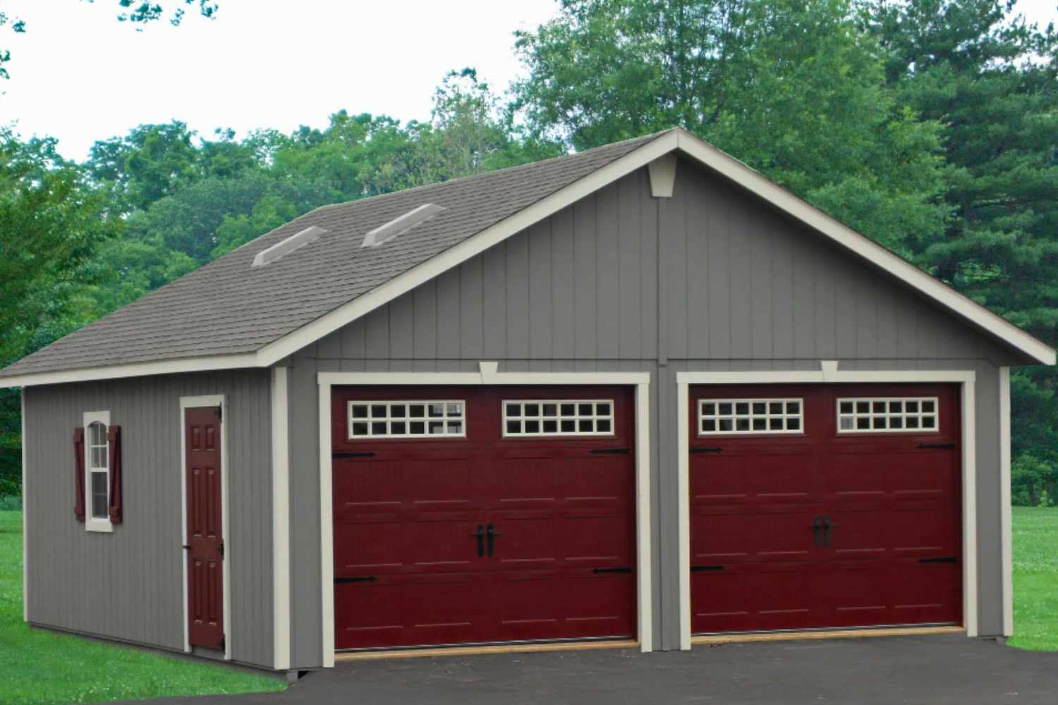 Gray and red garage with two garage doors and entry door on side