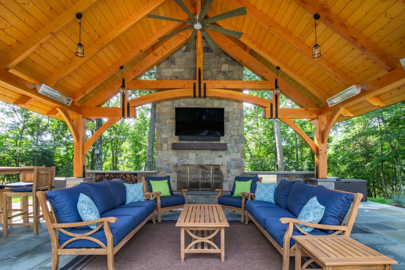 Interior of 24x16 Timber Frame Pavilion with view of ceiling and seating area