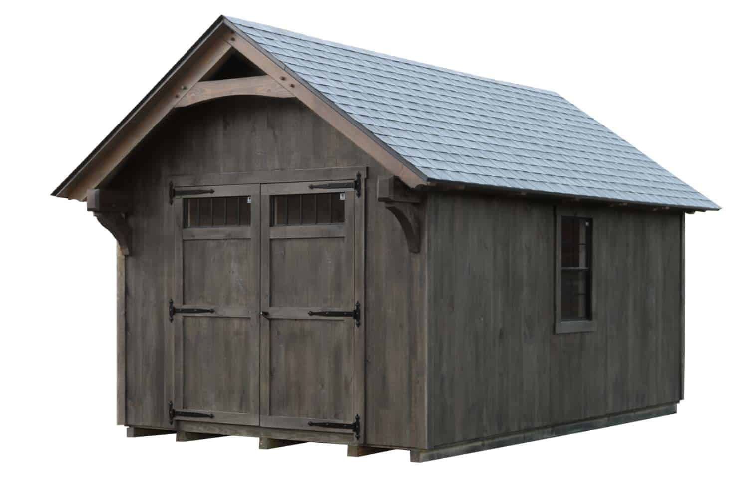 Lancaster Timber Frame Shed with Grey siding, roof, and doors. Shed has no background