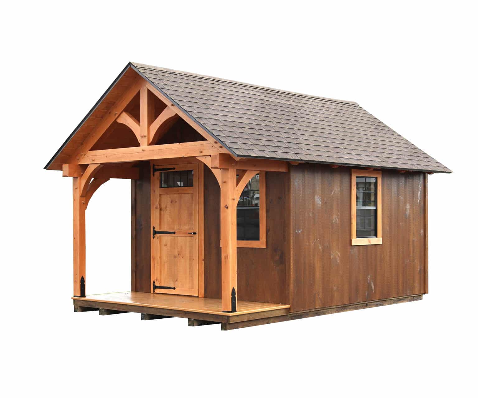 The Somerset Timber Frame Shed in brown with timber frame porch. No background
