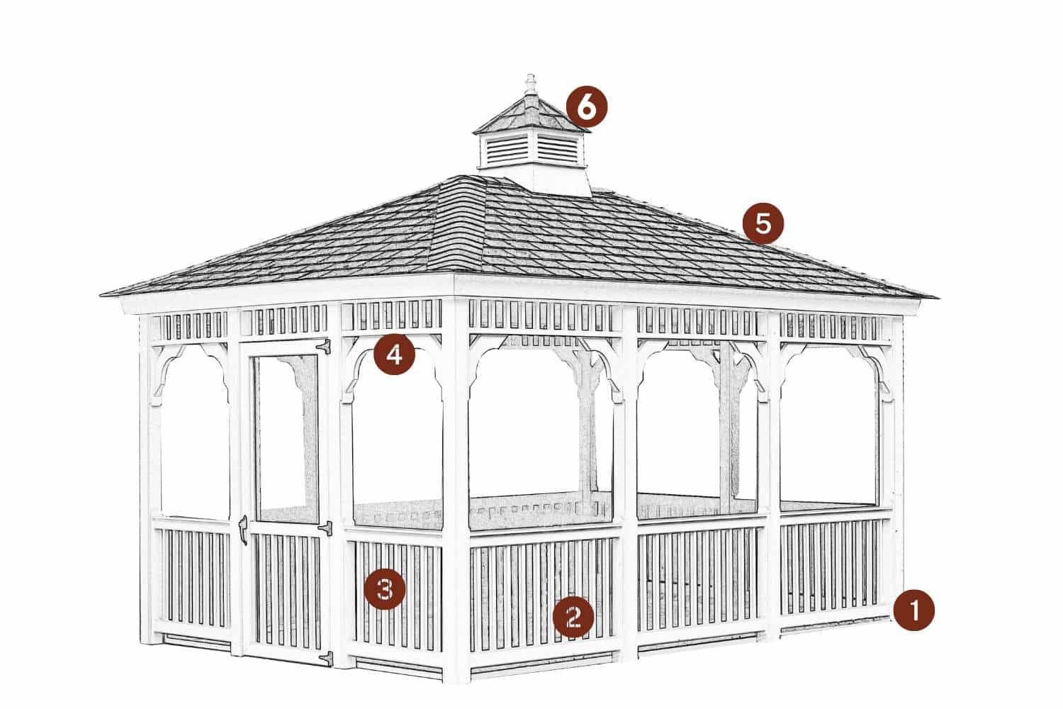 Vinyl Rectangle gazebo wireframe with standard features indicated by red circles and numbers