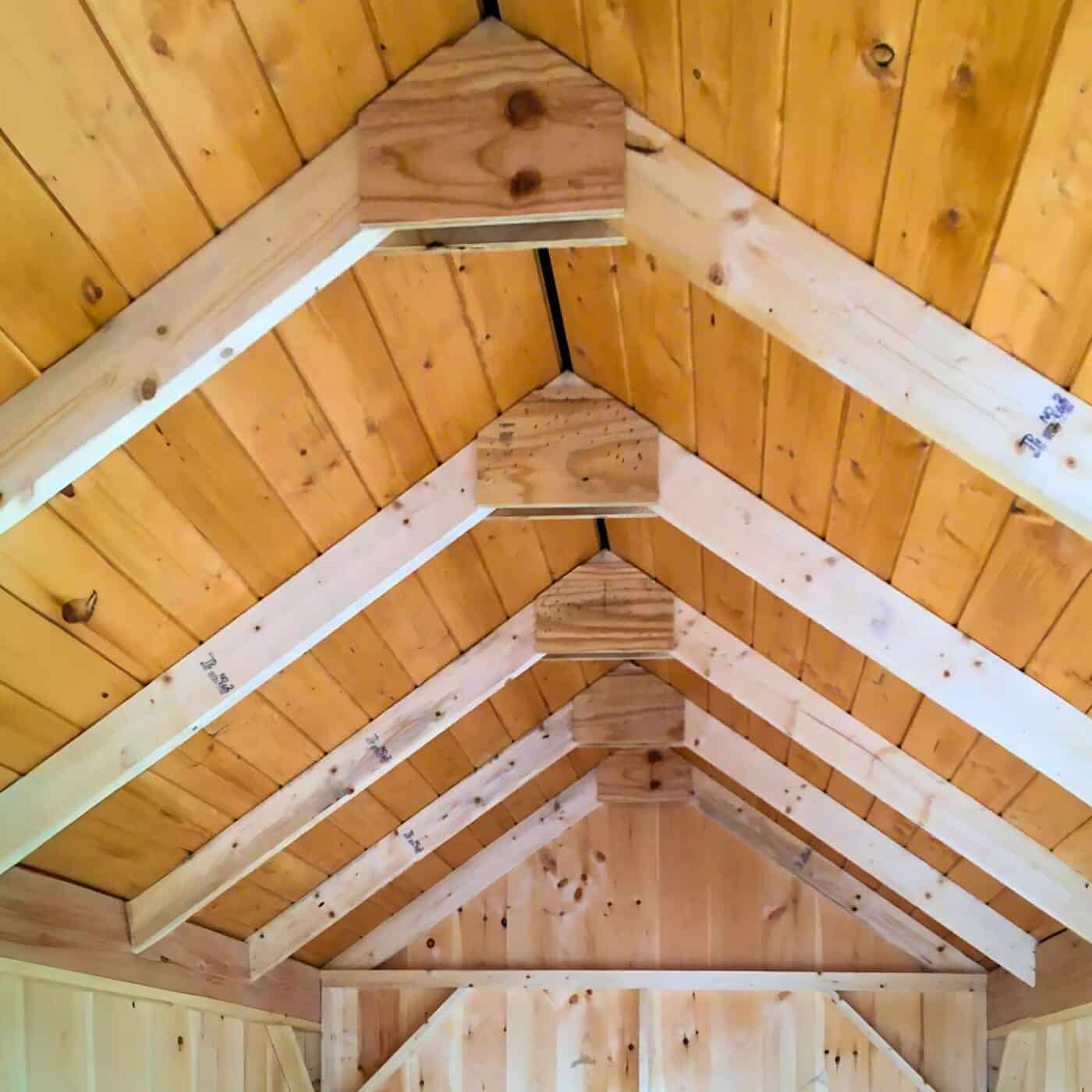 The Lancaster Shed 7 Inside Timber Frame Shed with view of peak of roof