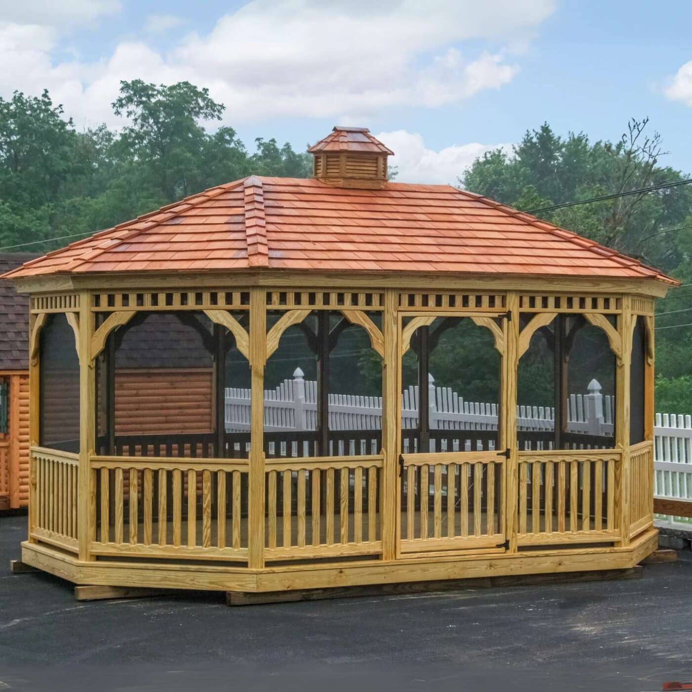 The Wood Oval Gazebo 3 View of wood oval gazebo's roof and screened in area