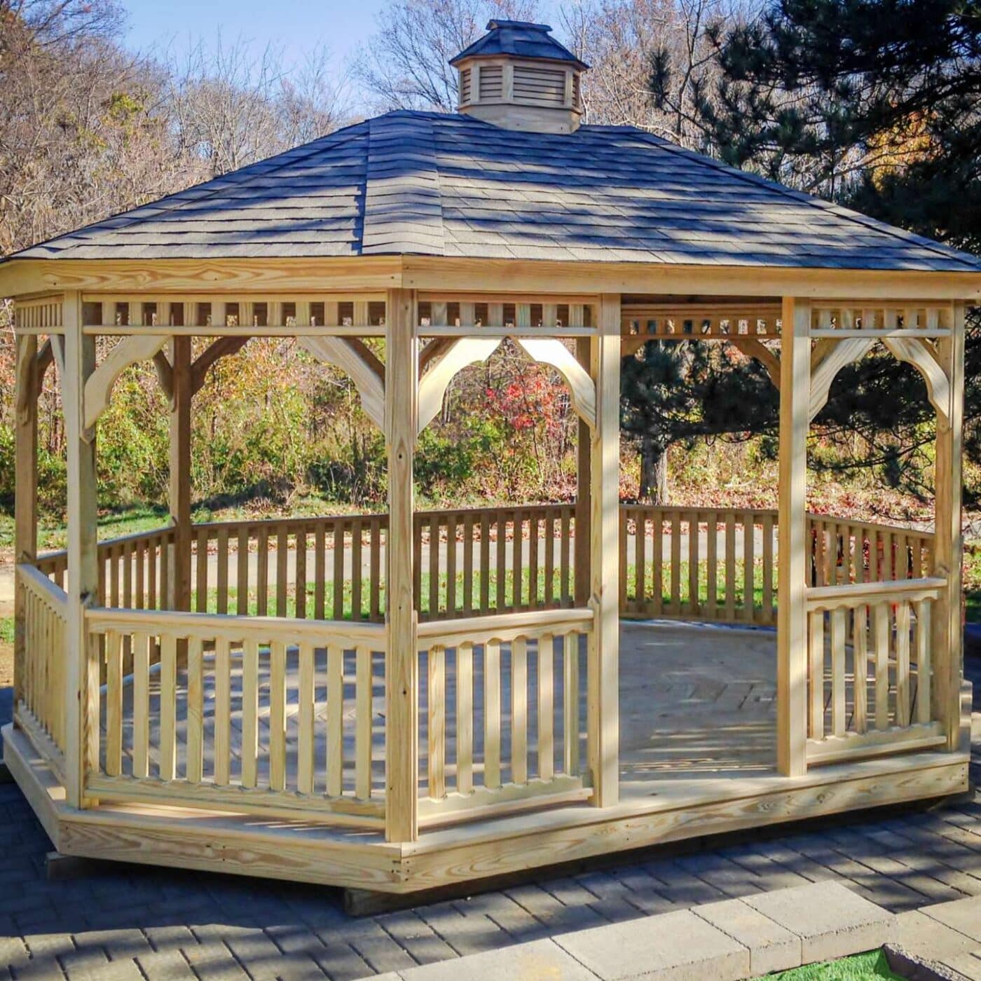 The Wood Oval Gazebo 4 Wood Oval gazebo with rails and wood decking