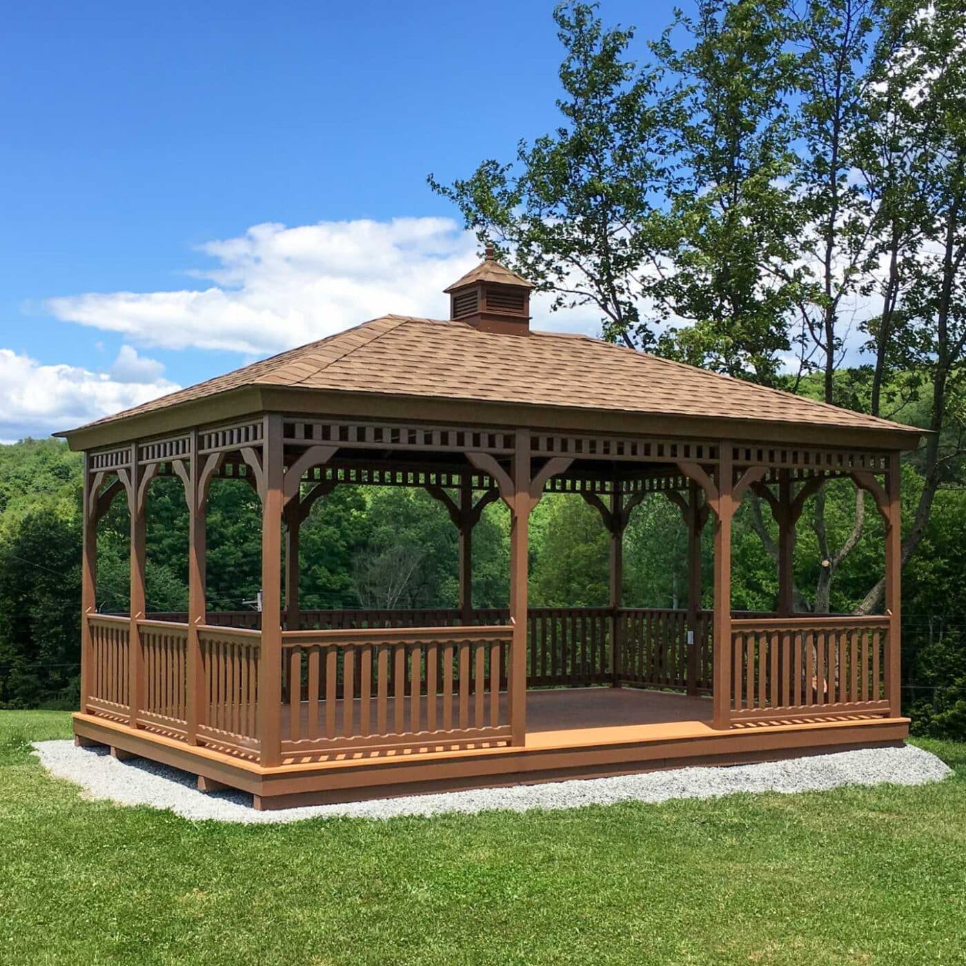 The Wood Rectangle Gazebo 2 Wood Rectangle Gazebo on gravel pad with decking and cupola