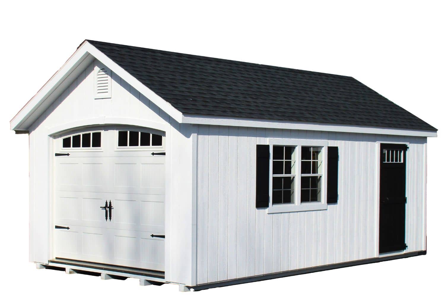The Standard Workshop Garage 48 White and black garage shed with asphalt shingle roof, black single entry door, and white garage door