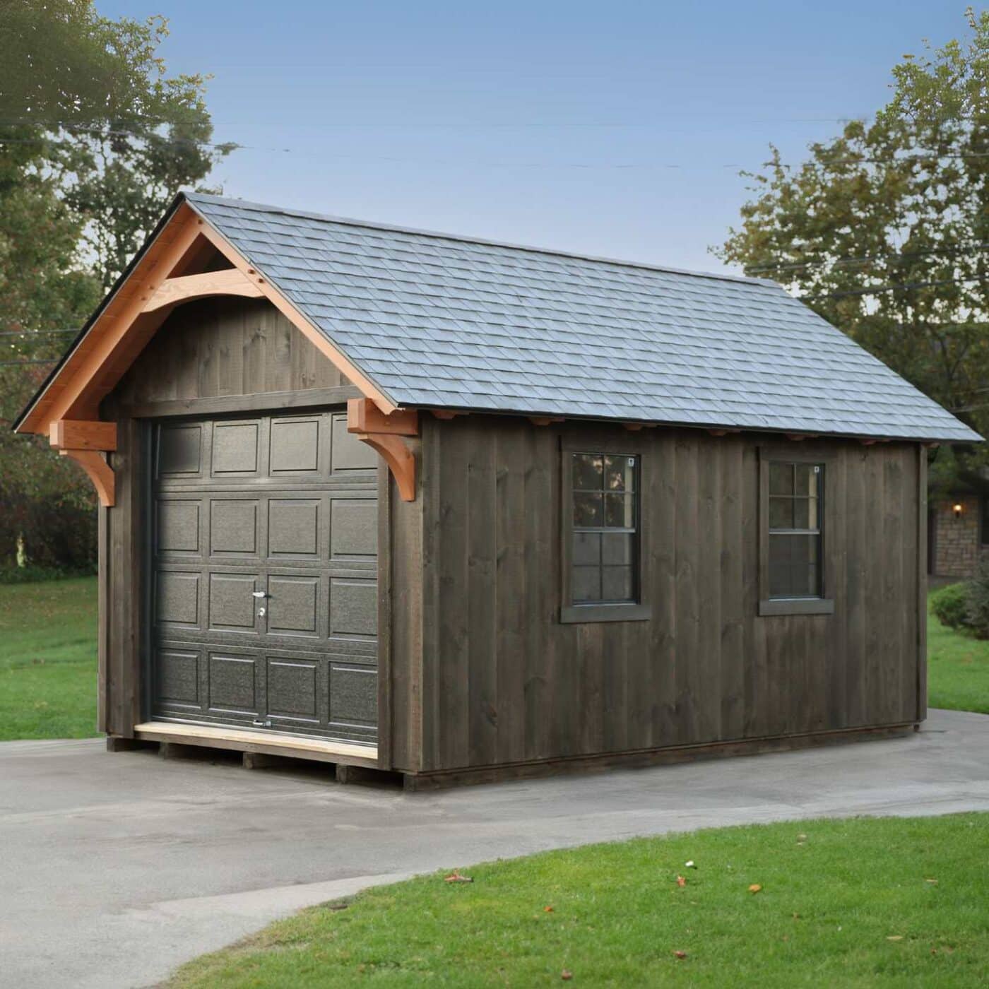 The York Shed 4 The York TF shed with garage door on driveway close up of size