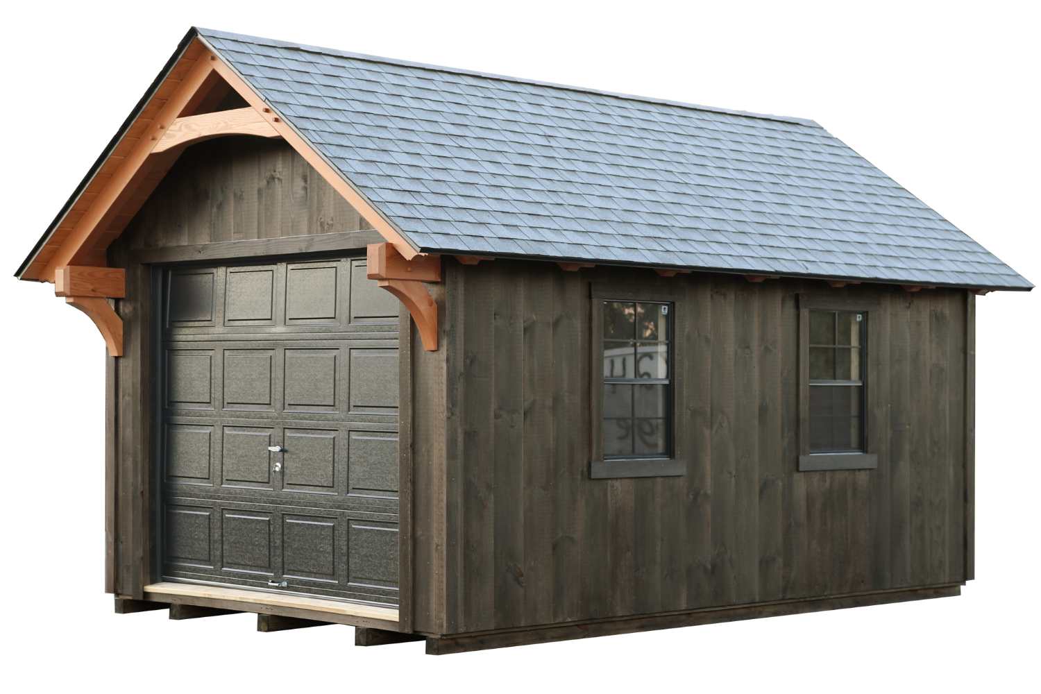 York TImber Frame shed at angle with no background. Gray siding and dark garage door
