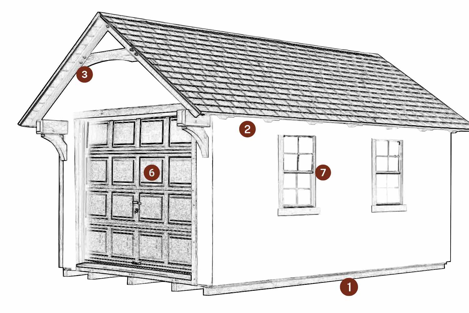The York Shed 1 Wireframe image of york shed with red circles and numbers indicating where features are located